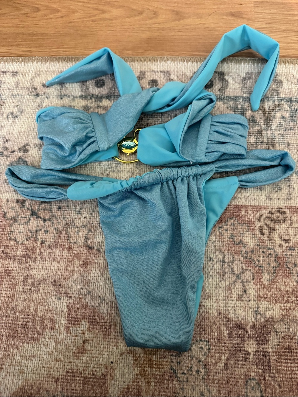 Seafoam Blue Bandeau Bikini Set with Gold Ring Accent - Picture 4 of 4